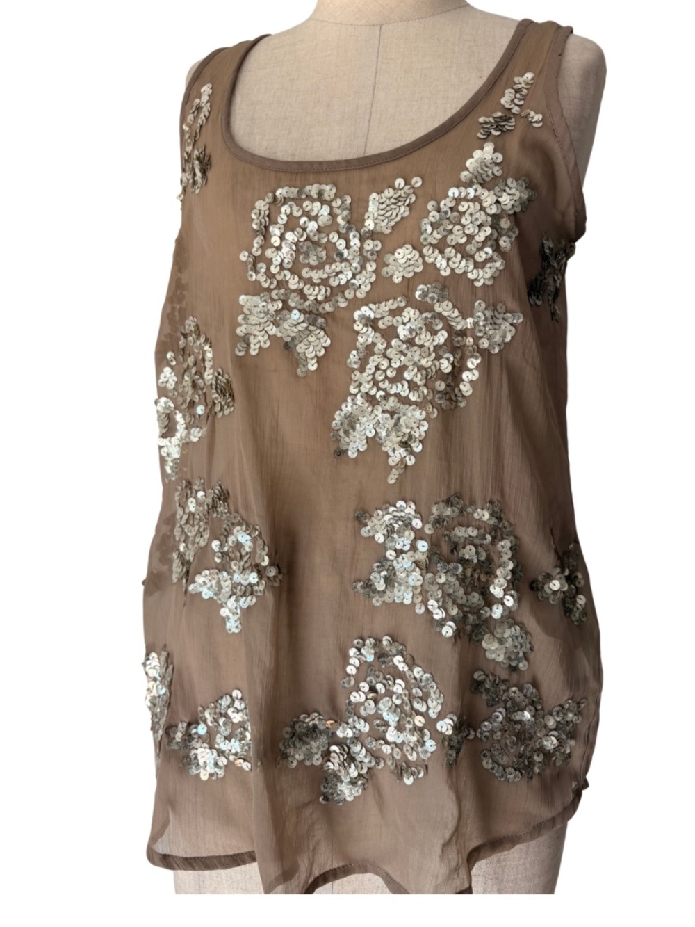 VTG Y2K Old Navy Sheer Brown Silver Sequin Tank Top Floral Small Dainty Chic
